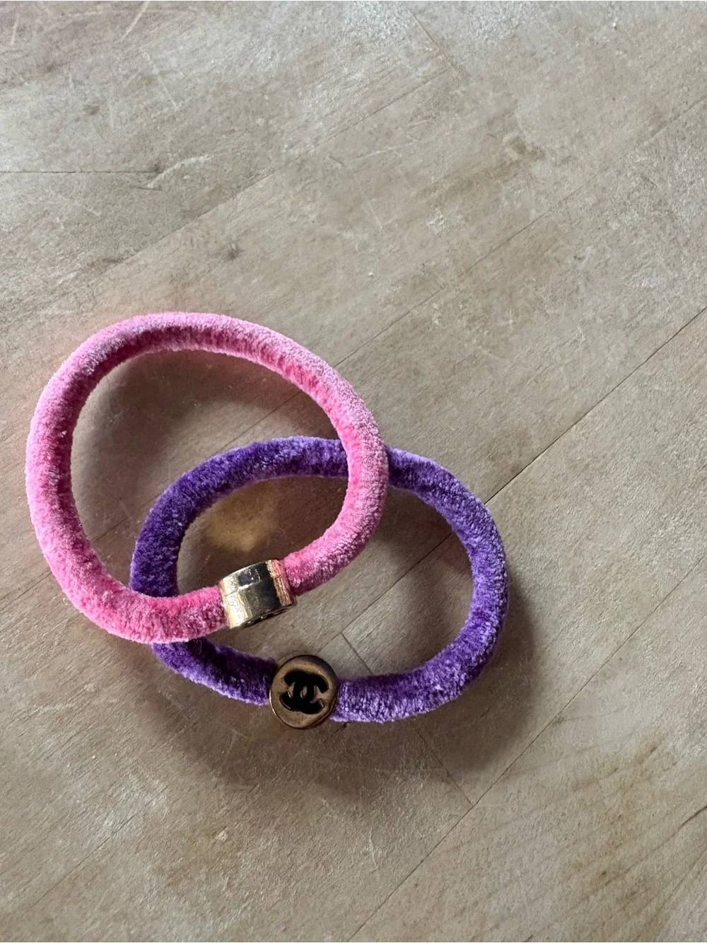 CHANEL Velvet Hair Bands in Pink and Purple with Logo Charms